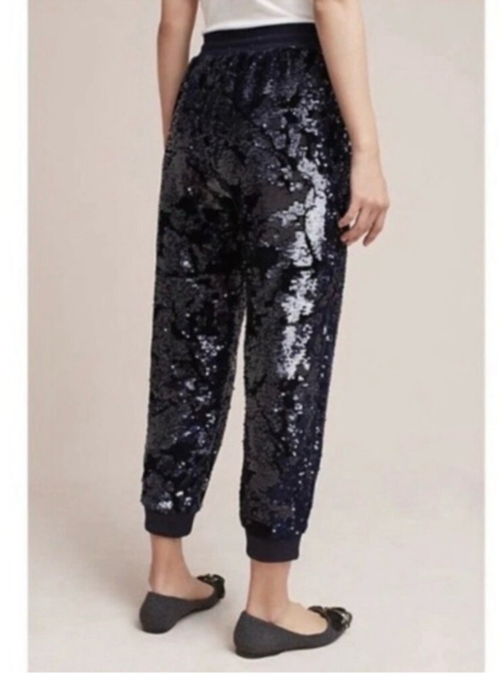 Anthropologie Ett:Twa Sequin Velvet Jogger Pants Navy Blue Sz M - Picture 3 of 8